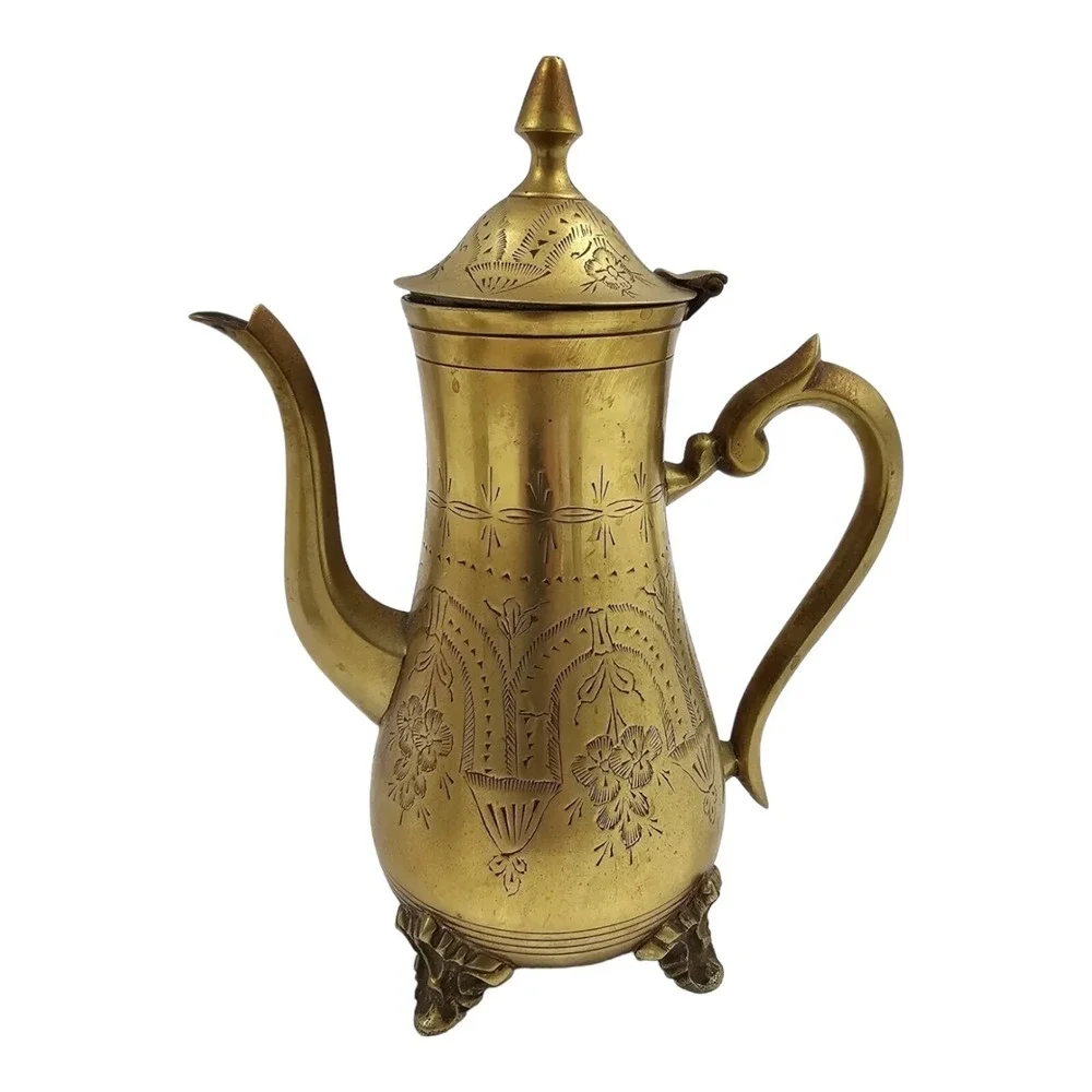 Vintage Tea Pot Set w/ Creamer Sugar Bowl Etched EPNS Gold Tone Glam Victorian